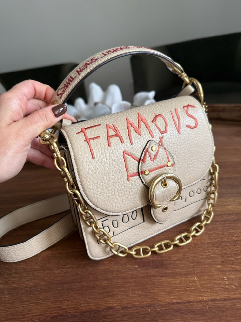 COACH X BASQUIAT Cream Leather Crossbody Bag with Gold Chain - Picture 2 of 6